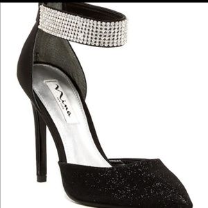 Black Nina satin crystal dress heels